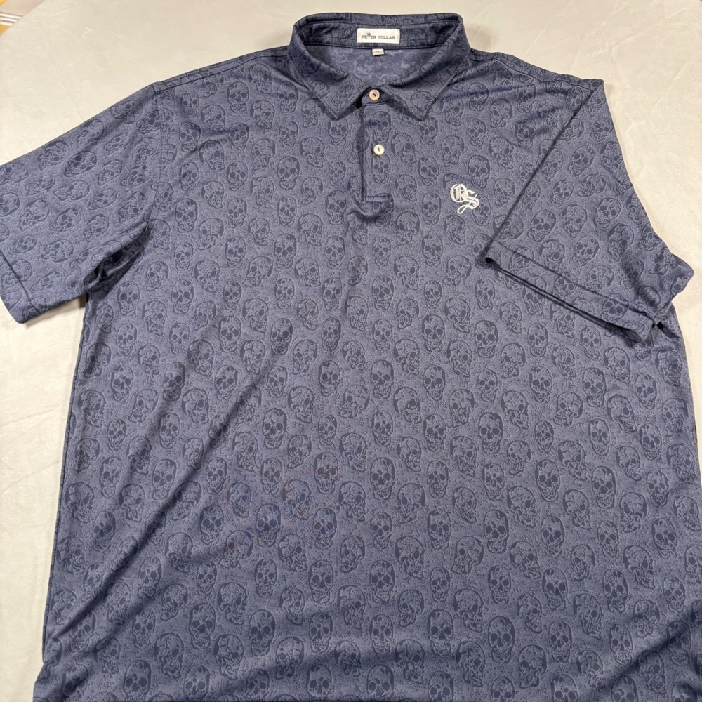 Peter Millar Polo Shirt Mens XL Navy Blue Skull All Over Print Performance - Picture 2 of 10